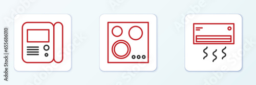 Set line Air conditioner, House intercom system and Gas stove icon. Vector