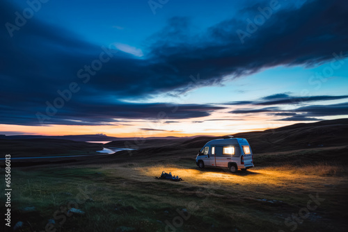 Glowing light from a camper van parked by the lake with beautiful landscape and sun set in the background