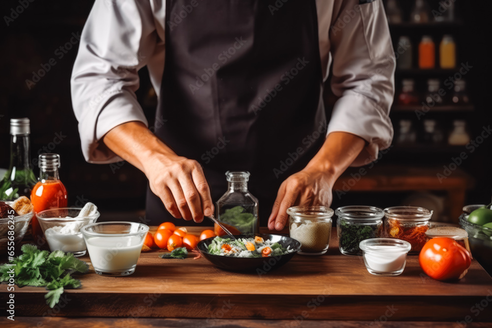 Close up shot of master chef man hands precisely preparing a meal and adding a final touch, top chef restaurants food Close up shot of master chef man hands precisely preparing a meal and adding a final touch, top chef restaurants food