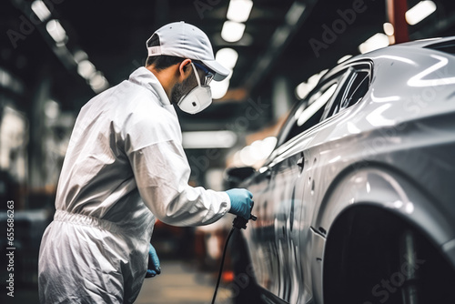 Mechanic painting a car in a work shop while full dress in safety gear, repairing a car at work, man working on a car