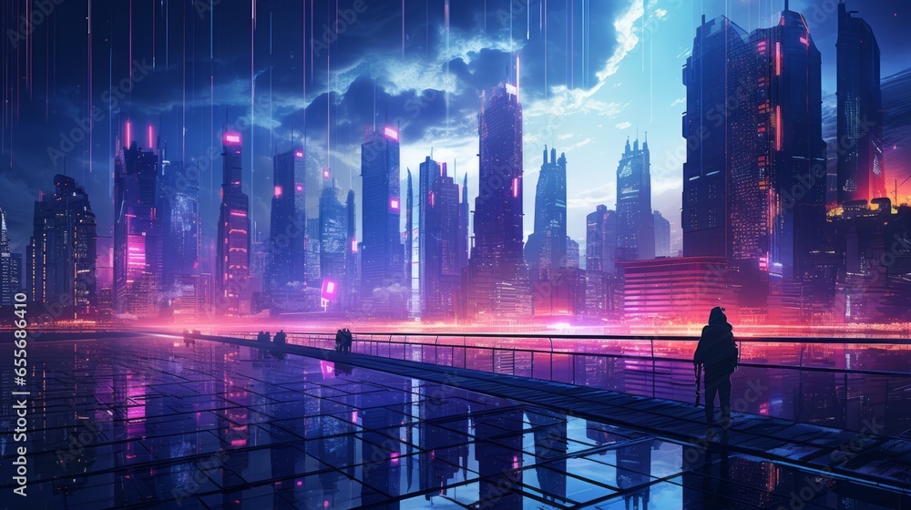 A cyberpunk-inspired wireframe cityscape with skyscrapers and bridges outlined in neon against a rain-soaked urban environment, capturing the essence of a dystopian future.