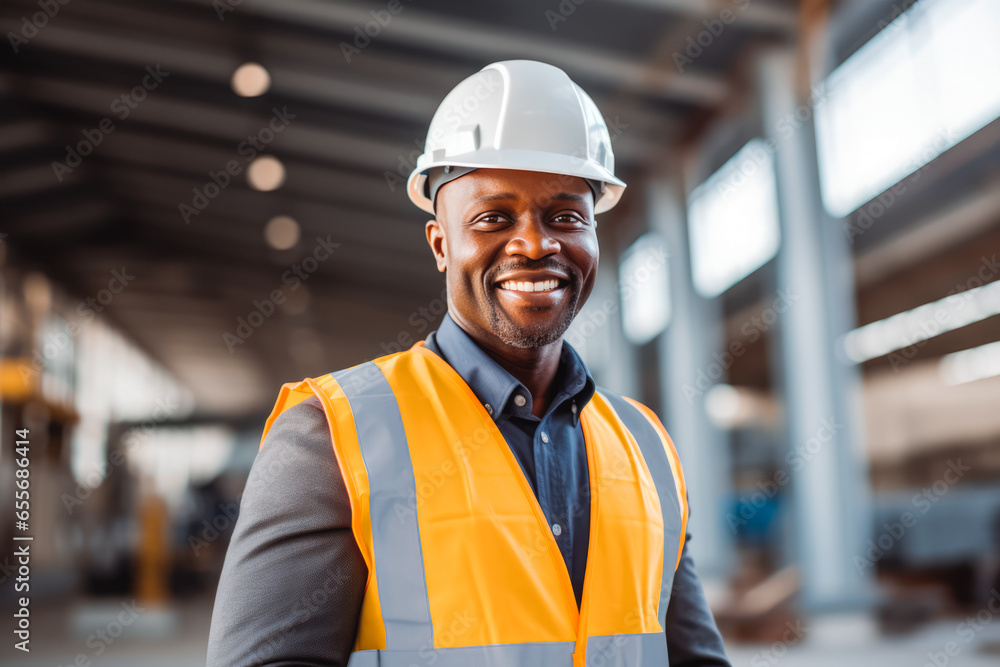 Portrait of a african american skilled construction professional smiling while wearing safety helmet and working vest, supervising work - obrazy, fototapety, plakaty 