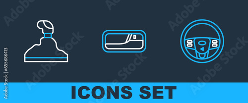 Set line Steering wheel, Gear shifter and Car door handle icon. Vector