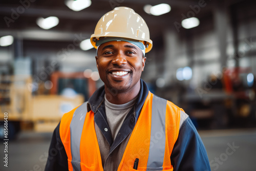 Portrait of a african american skilled construction professional smiling while wearing safety helmet and working vest, supervising work © VisualProduction