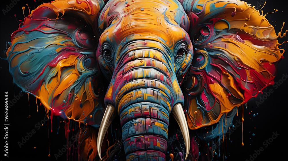 Fototapeta elephant in the art painting with colorful paint splashes