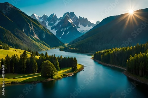 A valley with a river nestled among the mountains forms a picturesque backdrop.     