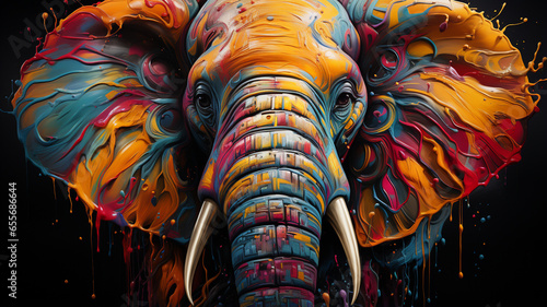elephant in the art painting with colorful paint splashes