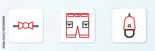 Set line Police cap with cockade, Bow tie and Short or pants icon. Vector