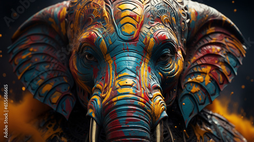 elephant in the art painting with colorful paint splashes photo