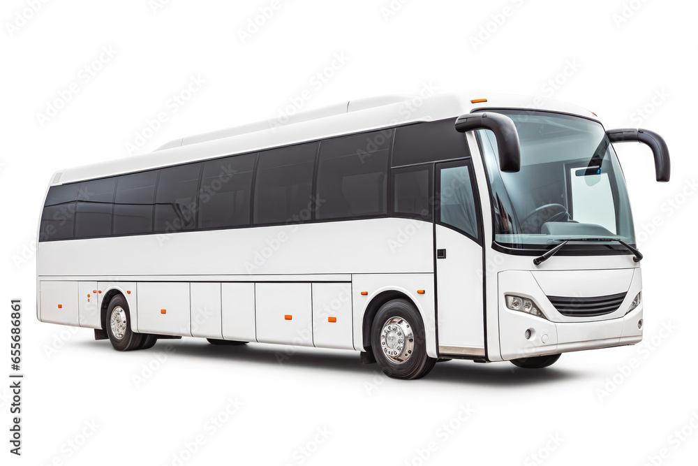 Shot of new white tour bus with white background, way of transportation, public transport Shot of new white tour bus with white background, way of transportation, public transport