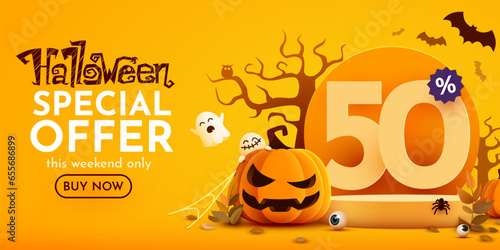 50 percents off. Halloween sale banner template. Podium and numbers with amount of discount. Special October offer.