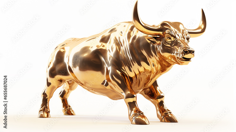 A sculpted casting a bull in dramatic light representing financial market trends on an isolated light background - 3D render - Illustration - perspective side A sculpted casting a bull in dramatic light representing financial market trends on an isolated light background - 3D render - Illustration - perspective side