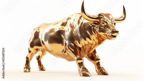 A sculpted casting a bull in dramatic light representing financial market trends on an isolated light background - 3D render - Illustration - perspective side photo