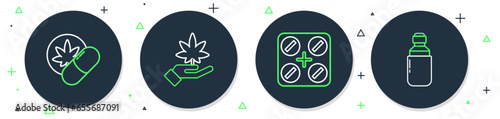 Set line Marijuana or cannabis leaf, Medical pills with marijuana, Herbal ecstasy tablets and olive oil icon. Vector