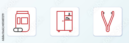 Set line Medical tweezers, Medicine bottle and pills and cabinet icon. Vector