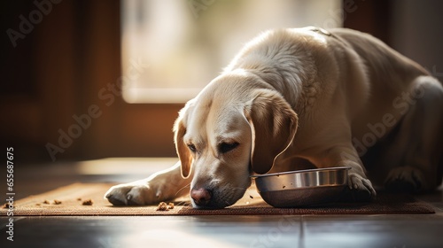 Labrador retriever bends down to eat dog food in dish