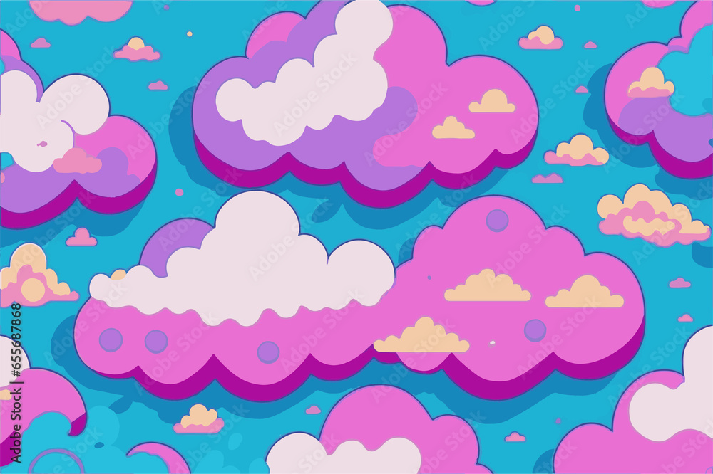 Cute cloud background, neon bright colours, cartoon background illustration pattern, repeating cloud pattern