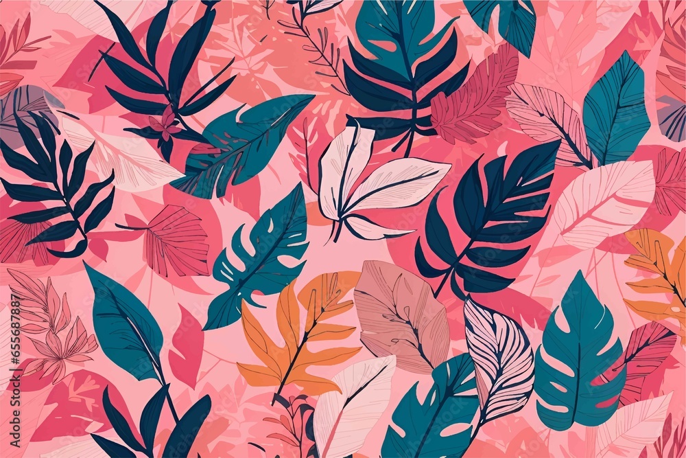 Abstract seamless tropical pattern with bright plants and leaves on a pink background Abstract seamless tropical pattern with bright plants and leaves on a pink background