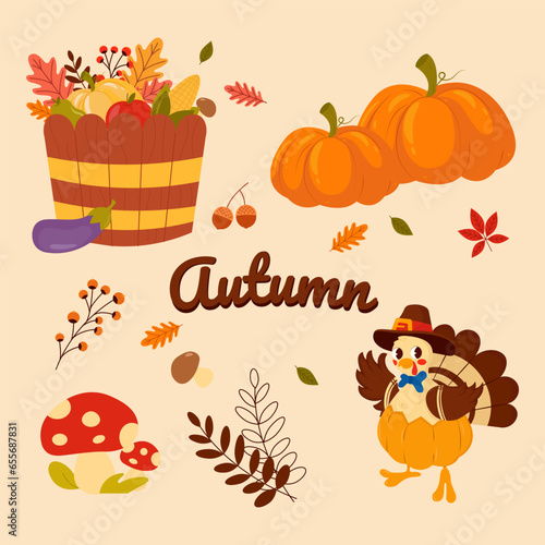 Autumn set of turkey, pumpkins, autumn harvest in a basket, autumn leaves. Vector graphics in cartoon style.