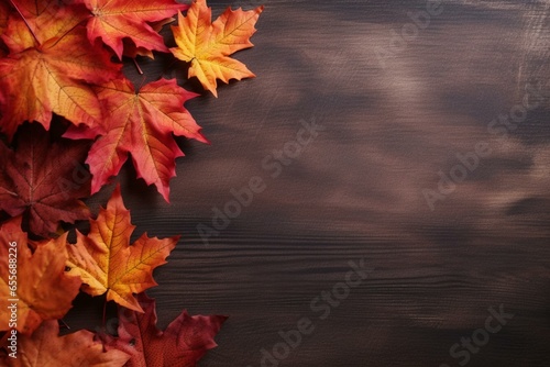 Top view of a background with red leaves in autumn, providing copy space. Generative AI