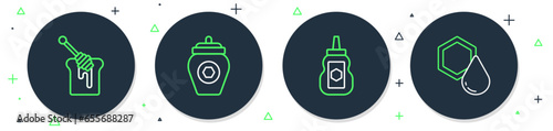 Set line Jar of honey, Honey dipper stick with and Honeycomb icon. Vector