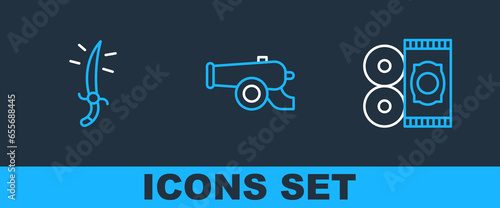 Set line Traditional carpet, Arabian saber and Ramadan cannon icon. Vector