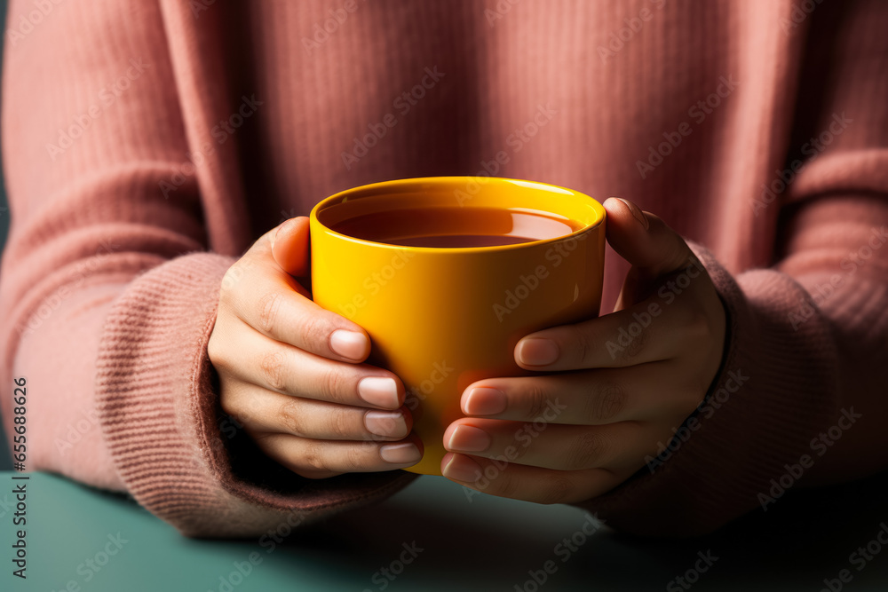 Person sipping hot tea battling autumn flu isolated on a gradient background Person sipping hot tea battling autumn flu isolated on a gradient background