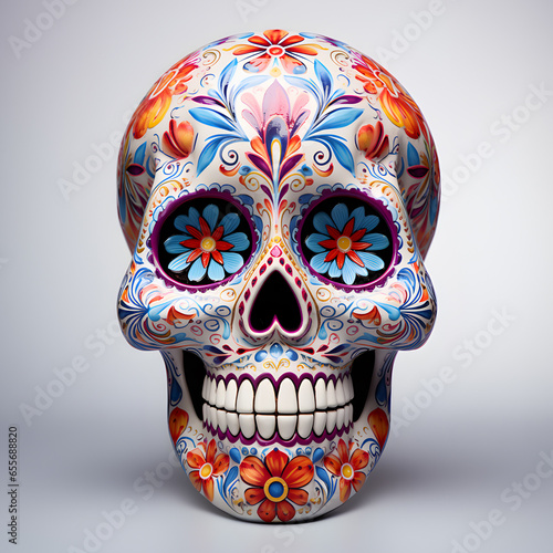 Beautiful art of Catrina Sugar Skull Mask with flowers pattern on isolated white background, Day of the Dead, Skeleton head, Mexican festival