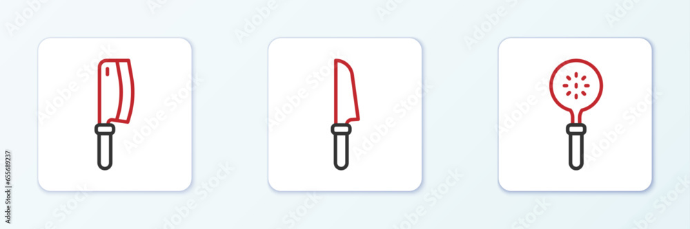 Set line Spatula, Meat chopper and Knife icon. Vector Set line Spatula, Meat chopper and Knife icon. Vector