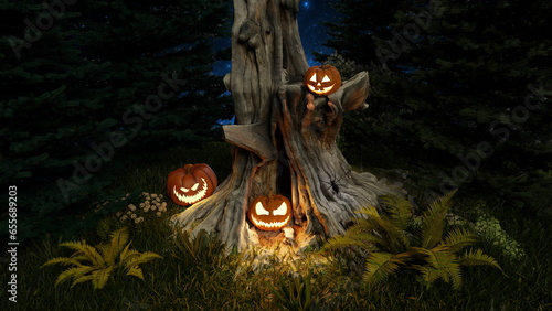 Happy Halloween Jack-o-lantern glowing pumpkins in the forest, day of the dead fabulous fantasy landscape, horror mystery. 3d render