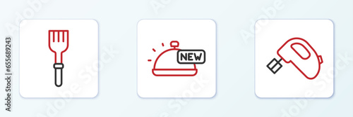 Set line Electric mixer, Fork and Covered with tray of food icon. Vector