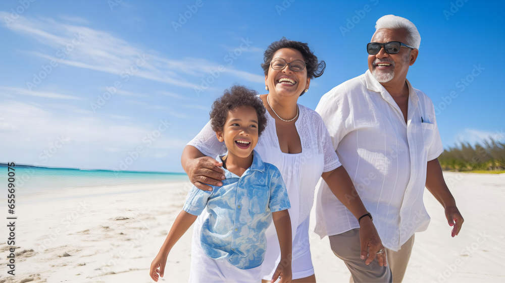 Happy grandparents with their grandson on the beach during the holidays. Generative AI Happy grandparents with their grandson on the beach during the holidays. Generative AI