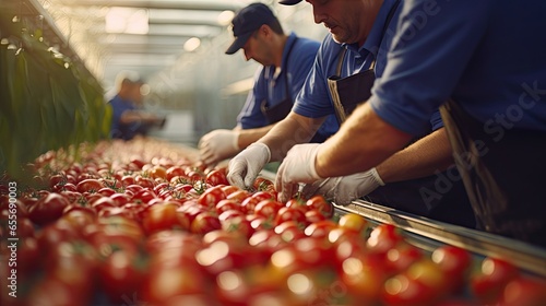 Employees perform quality control of fresh tomatoes at the production site. photo