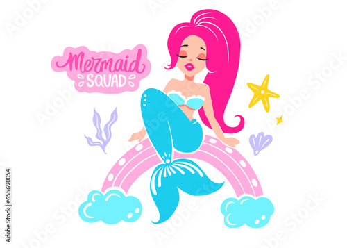 Vector Mermaid with Pink Hair Blue Tail and Rainbow Illustration isolated on White Background. Mermaid Squad Lettering Phrase