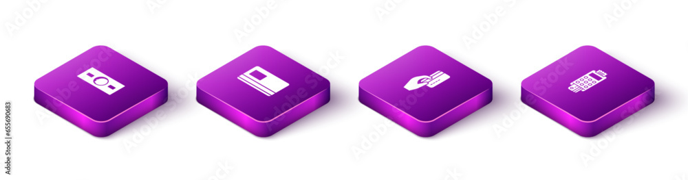 Set Isometric Paper money cash, Credit card, Hand holding with credit and POS terminal icon. Vector Set Isometric Paper money cash, Credit card, Hand holding with credit and POS terminal icon. Vector