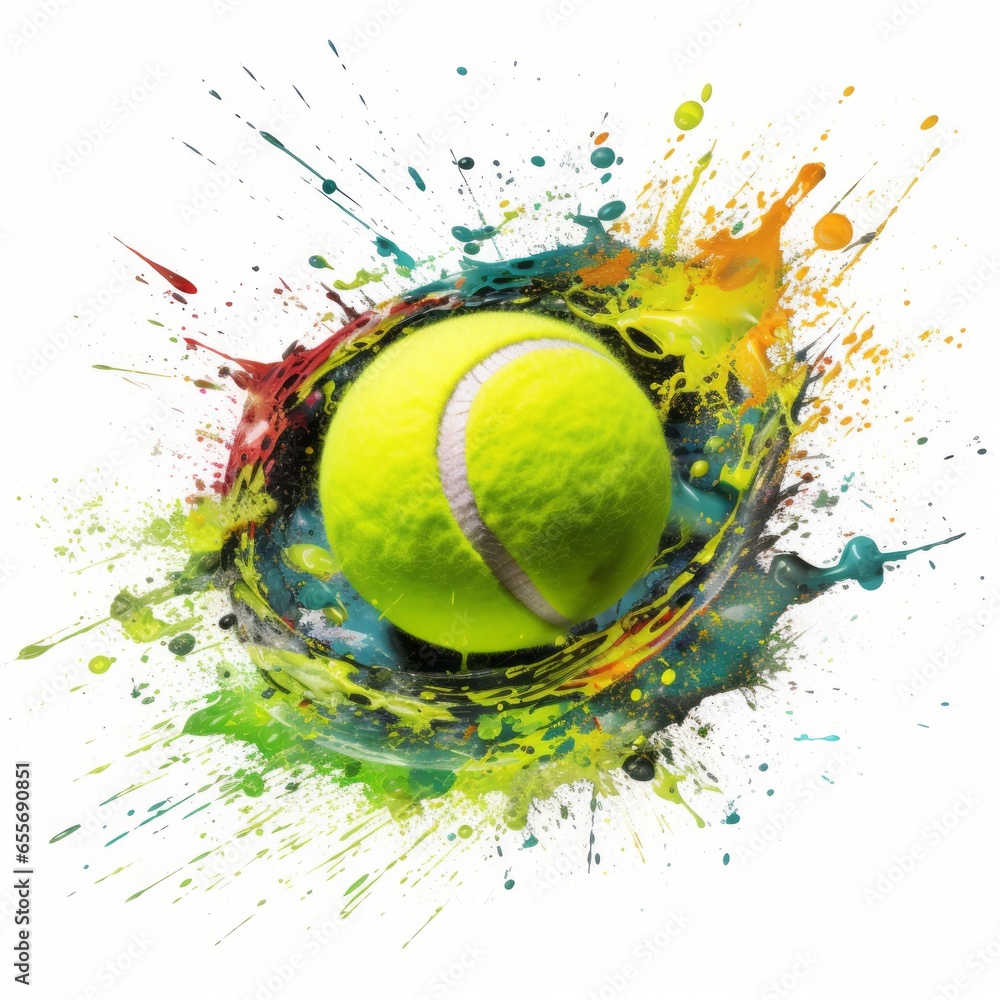 An artistic representation of a Tennis Ball covered in splashes of vibrant paint, symbolizing the speed and agility of the game.