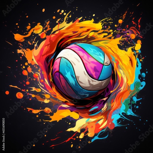 An artistic representation of a Volleyball covered in splashes of vibrant paint, symbolizing the speed and agility of the game. photo