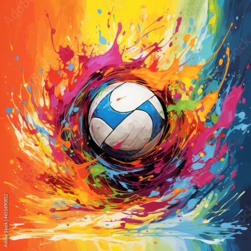 An artistic representation of a Volleyball covered in splashes of vibrant paint, symbolizing the speed and agility of the game. photo