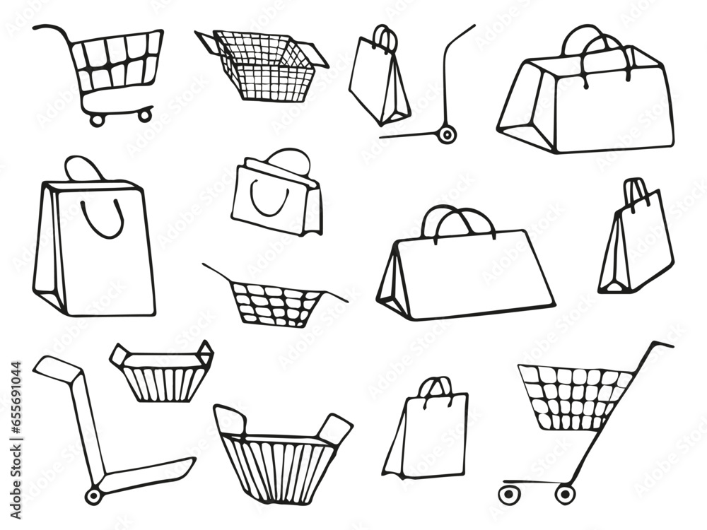 Shopping, E commerce hand drawn vector doodles, icon set isolated on white background. Set of label icons, sale tags  in sketch style.