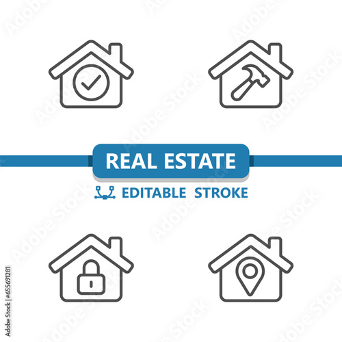 Real Estate Icons. House, Houses, Building, Checkmark, Tools, Lock, Location Vector Icon