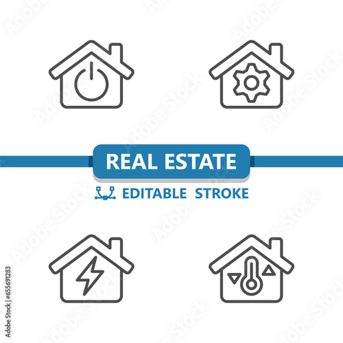 Real Estate Icons. House, Houses, Building, Power Button, Gear, Electricity, Thermometer Vector Icon