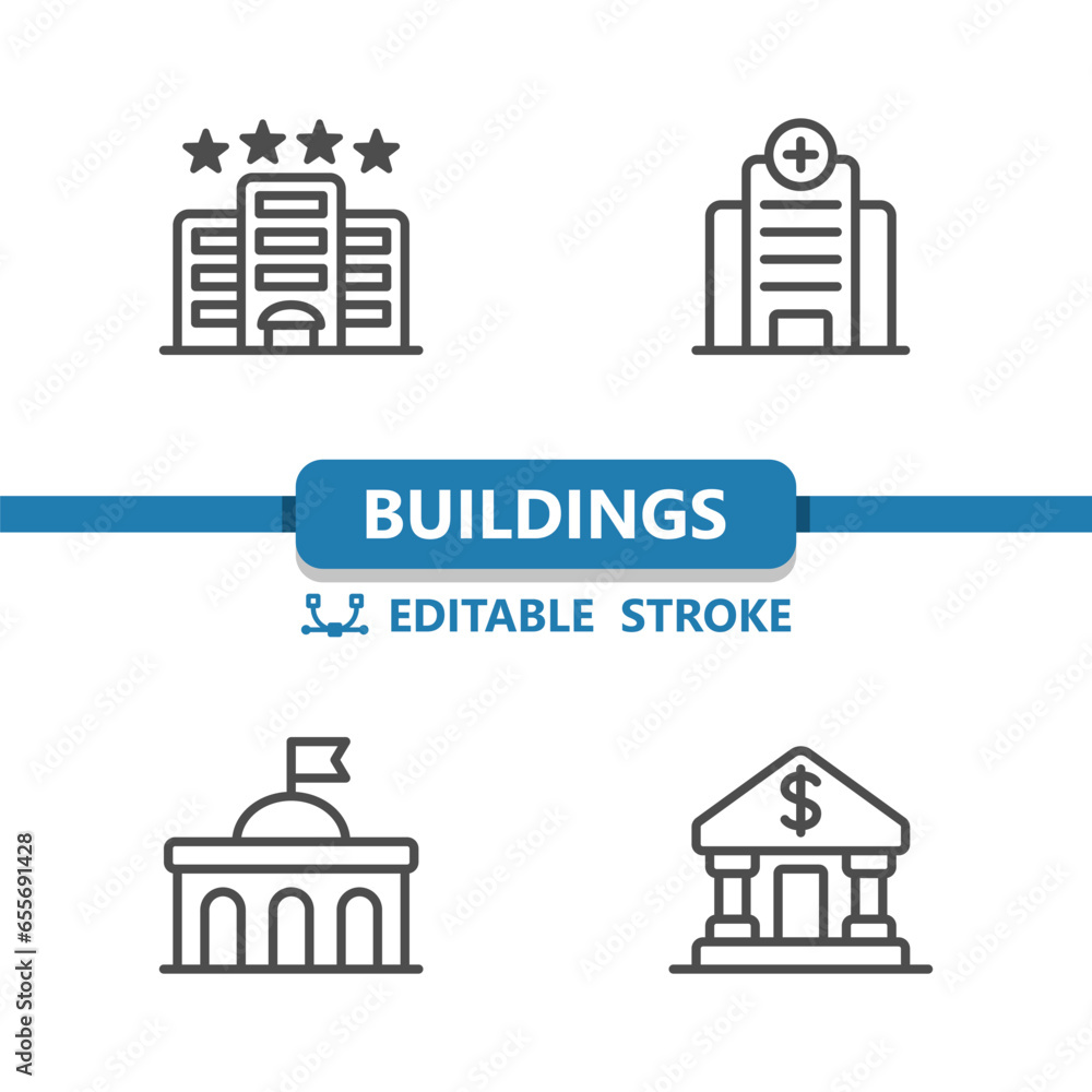 Buildings Icons. Hotel, Hospital, University, Bank Vector Icon