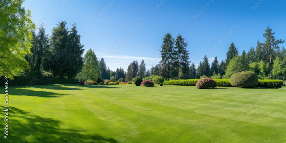 Freshly mowed, large wide open grassy field with trees in background with blue sky with clouds. Ai Generative