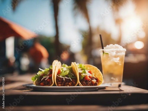 Delicious Mexican tacos with beef and vegetables at street restaurant
