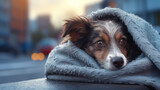 Homeless dog in blanket is on the city street