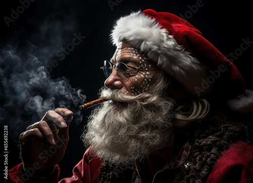 Santa Claus wearing sunglasses smoking a cigar and drinking whisk on dark background