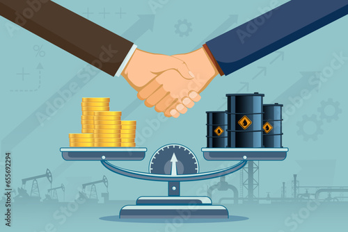 Weighing scales with oil barrels and money. Handshake of businessmen against the background of oil drilling rigs. Stock vector illustration