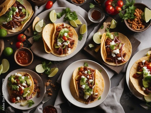 Delicous Mexican tacos with beef and vegetables, above view.