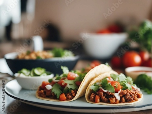 Mexican tacos with beef and vegetables in white plate