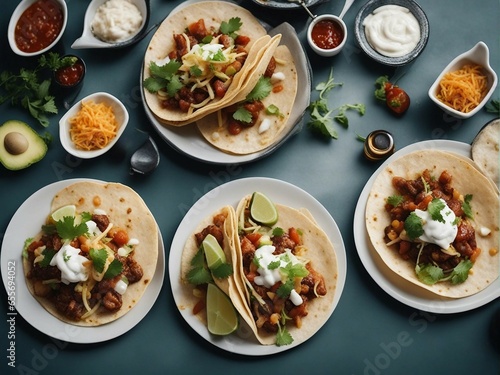 Delicous Mexican tacos with beef and vegetables, above view.